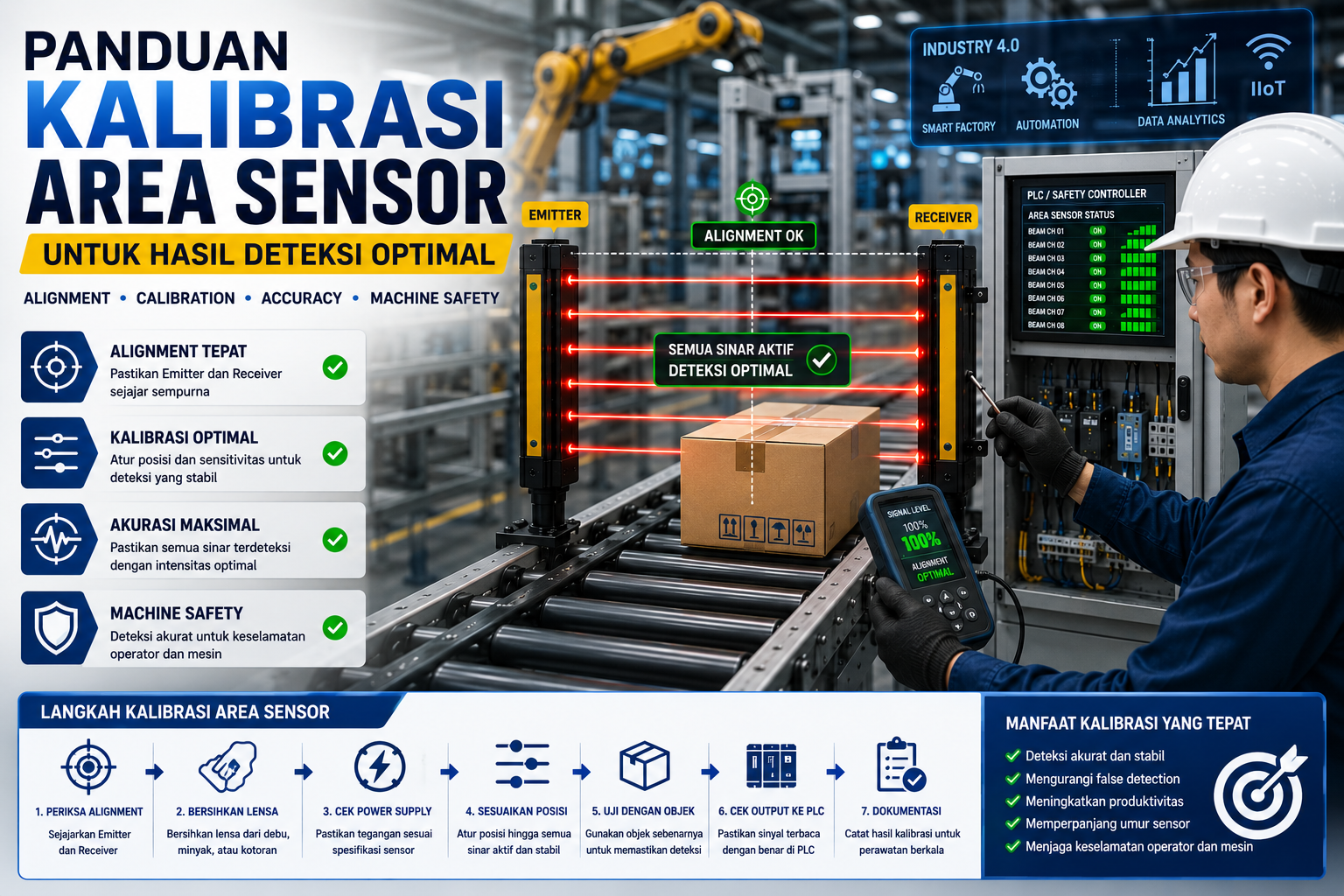 Teknisi melakukan kalibrasi Area Sensor pada sistem conveyor industri untuk meningkatkan akurasi deteksi menggunakan alignment emitter dan receiver.