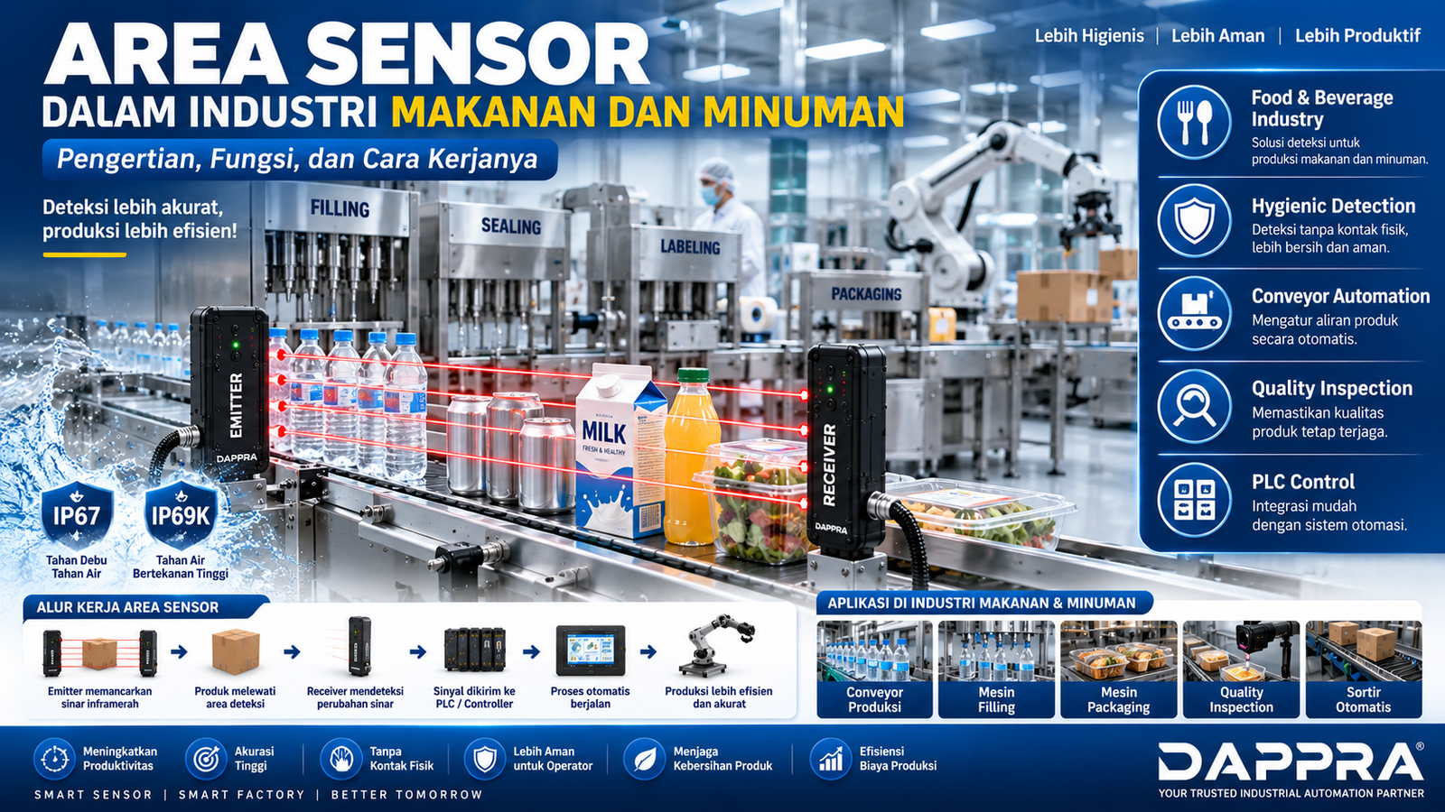 Ilustrasi Area Sensor Through Beam pada lini produksi makanan dan minuman untuk mendeteksi produk di conveyor, mesin filling, packaging, dan quality inspection secara otomatis.