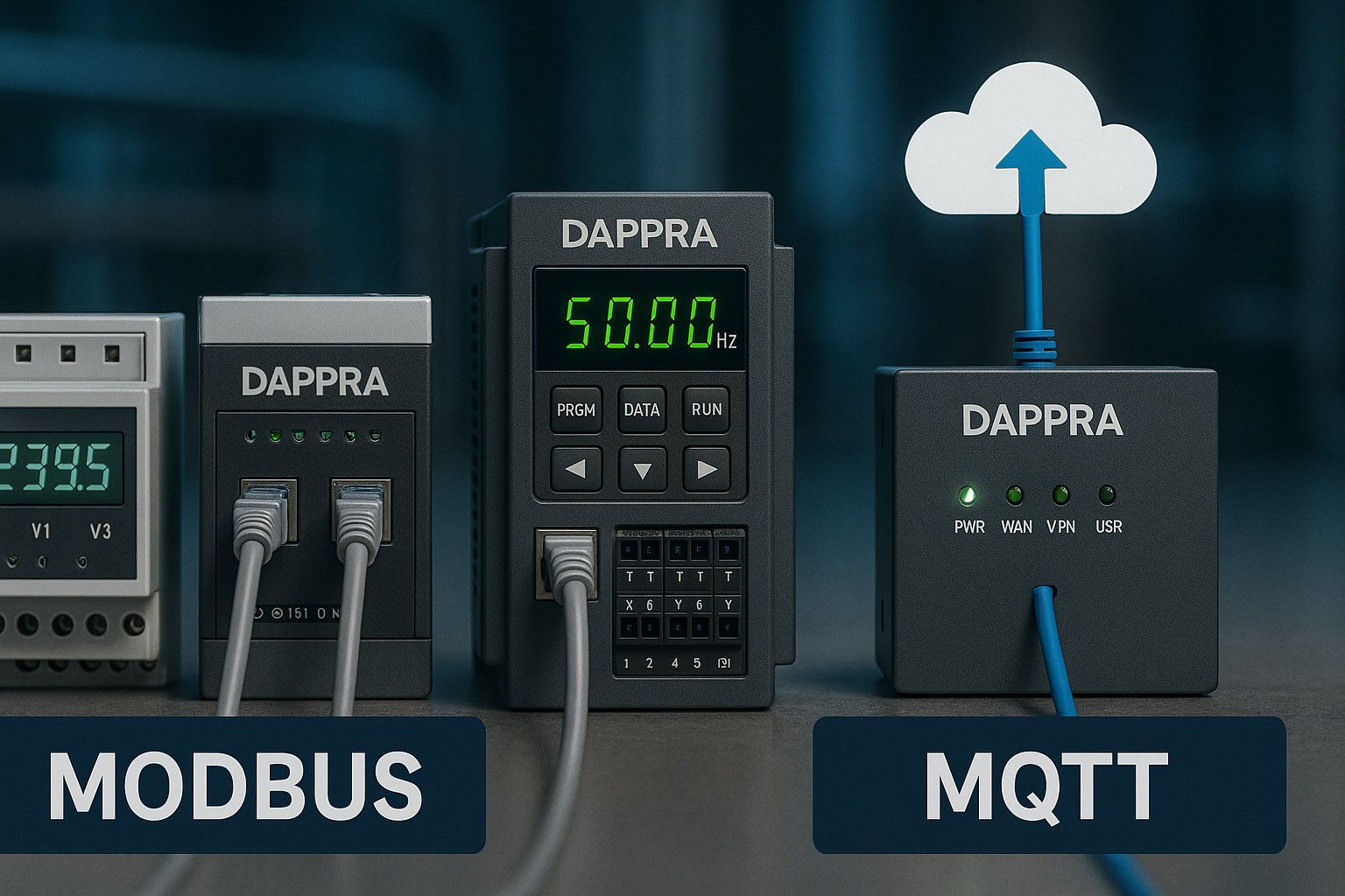 Comparison diagram showing Modbus device communication and MQTT cloud messaging in industrial automation.