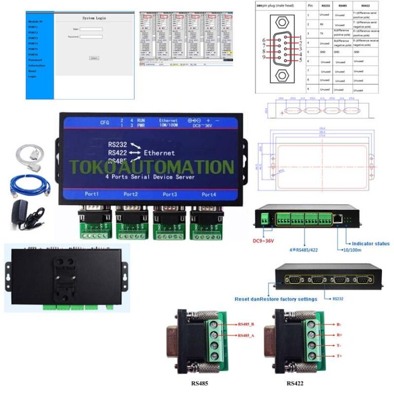 4 Ports Serial Server RS232 RS485 RS422 To Ethernet Modbus RTU TCP ...