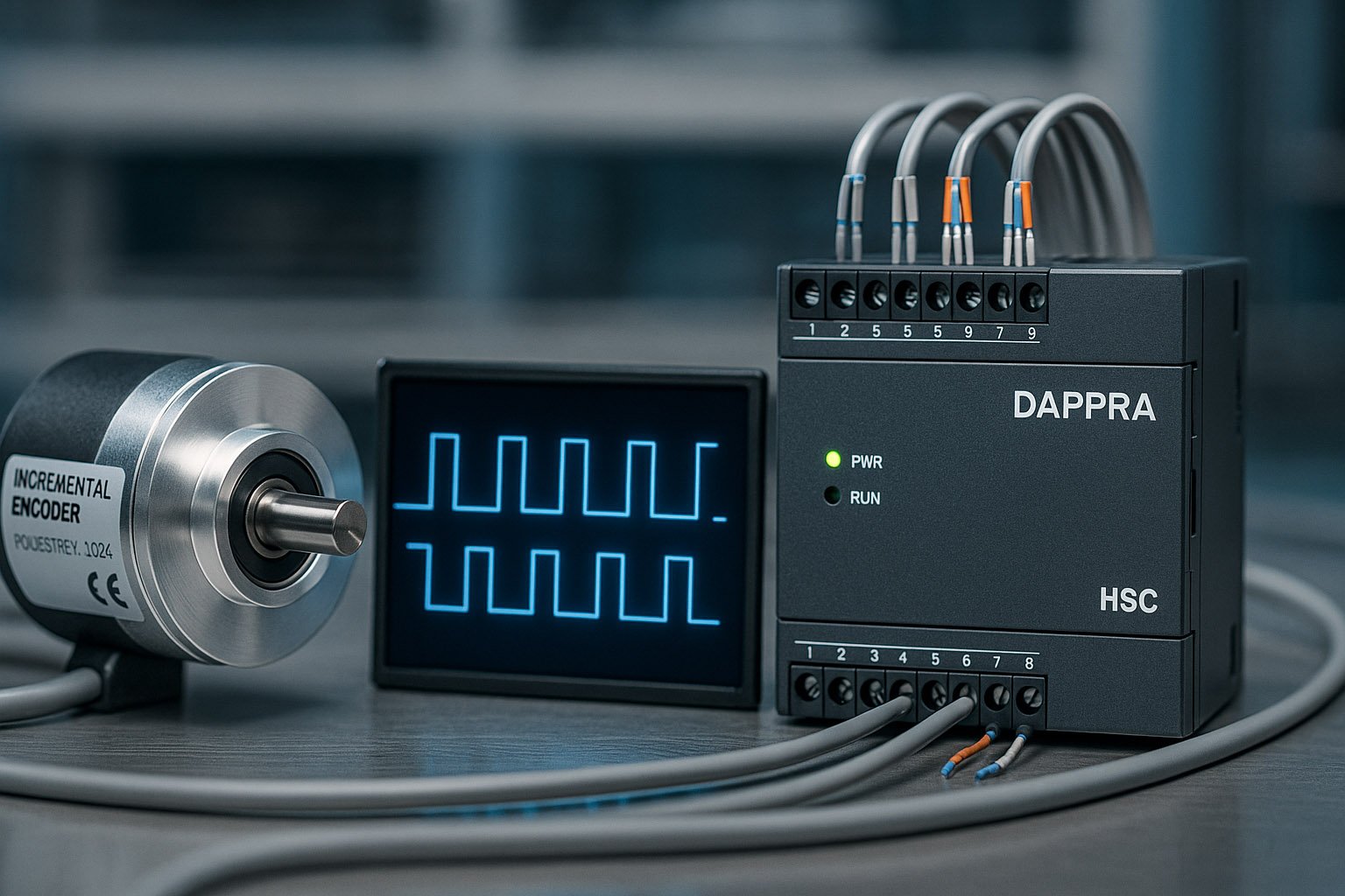 PLC high-speed counter diagram showing encoder signals and pulse capture concepts.