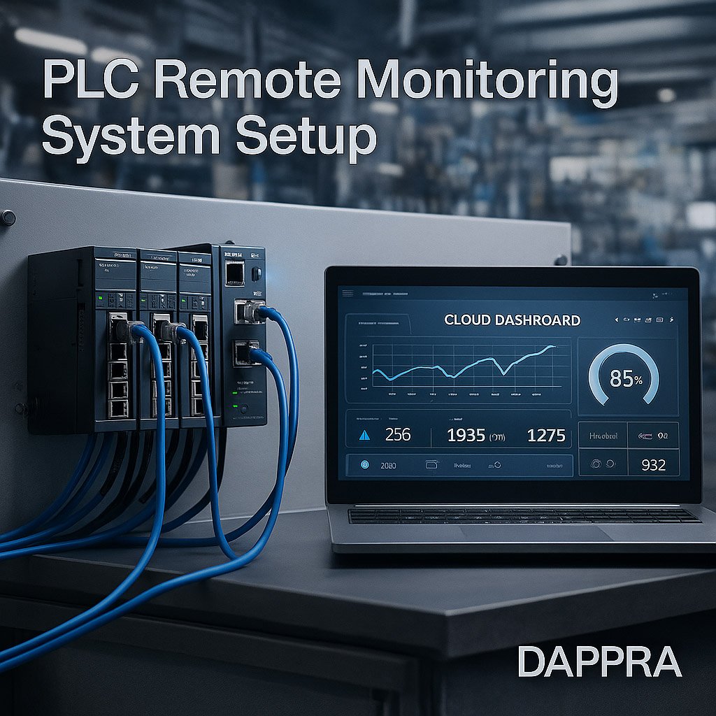 PLC remote monitoring system architecture showing PLC, gateway, and cloud dashboard.