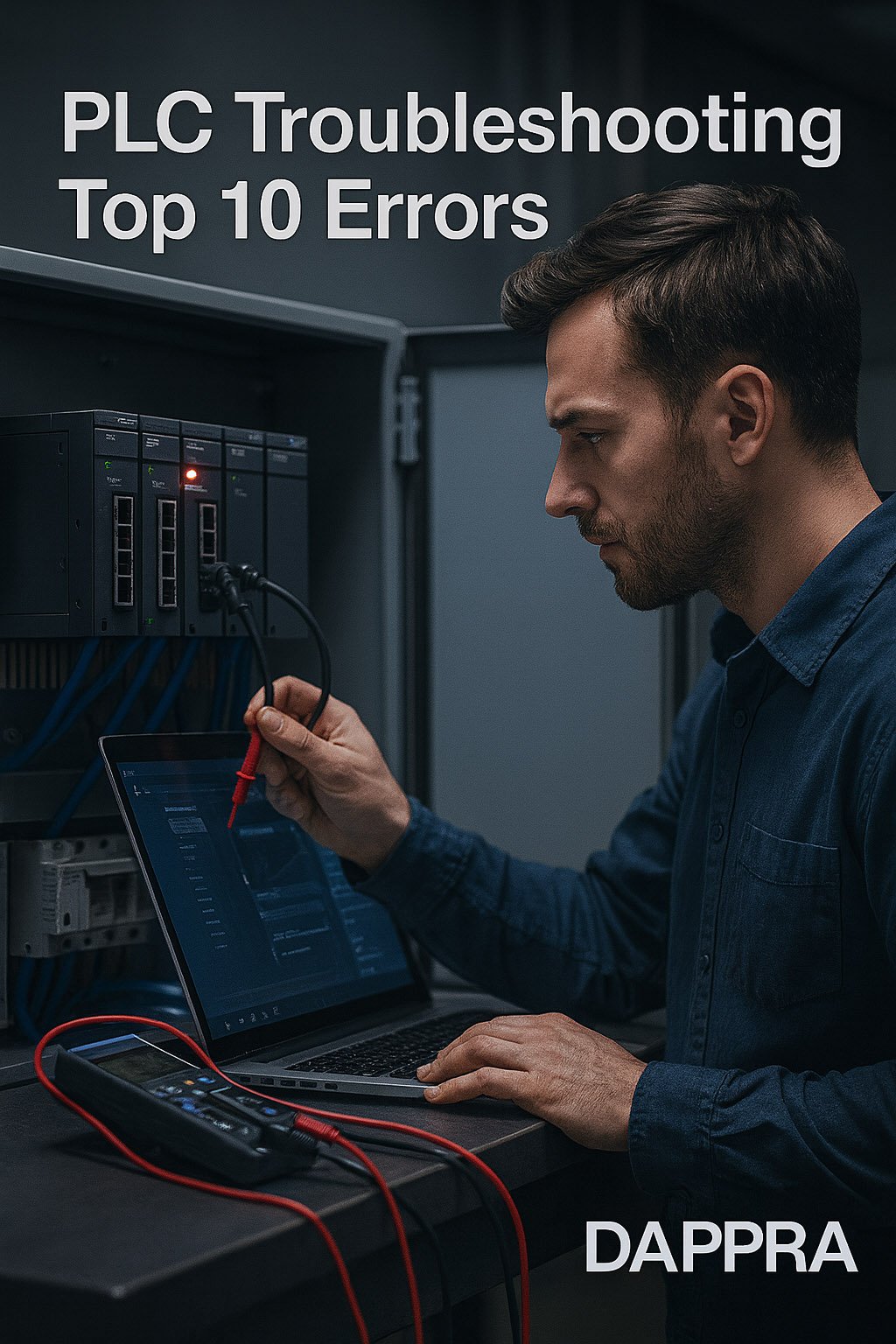 Diagram showing common PLC failures and troubleshooting steps in industrial automation systems.