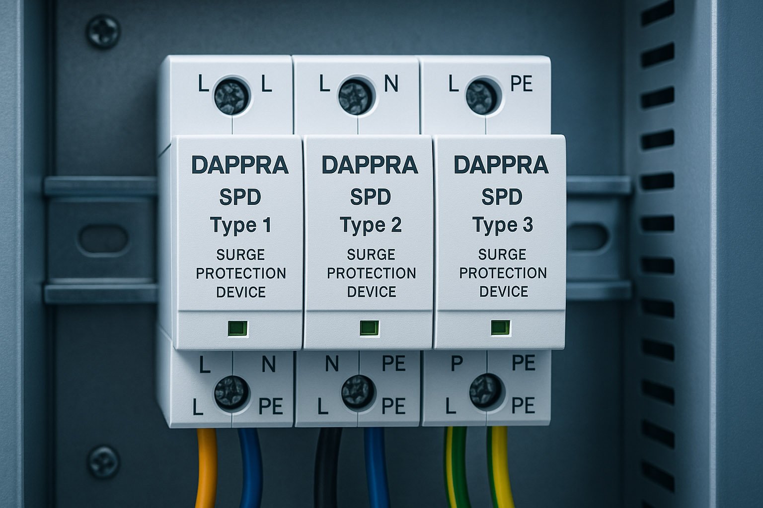 CE, UL, and IEC certification logos displayed on industrial control components with DAPPRA logo printed on one of the devices.