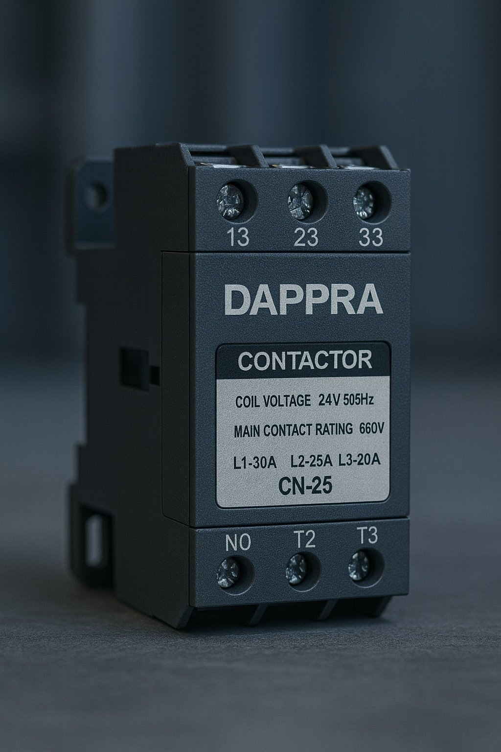 Industrial electromagnetic contactor with DAPPRA-branded label plate on an engineering workbench.