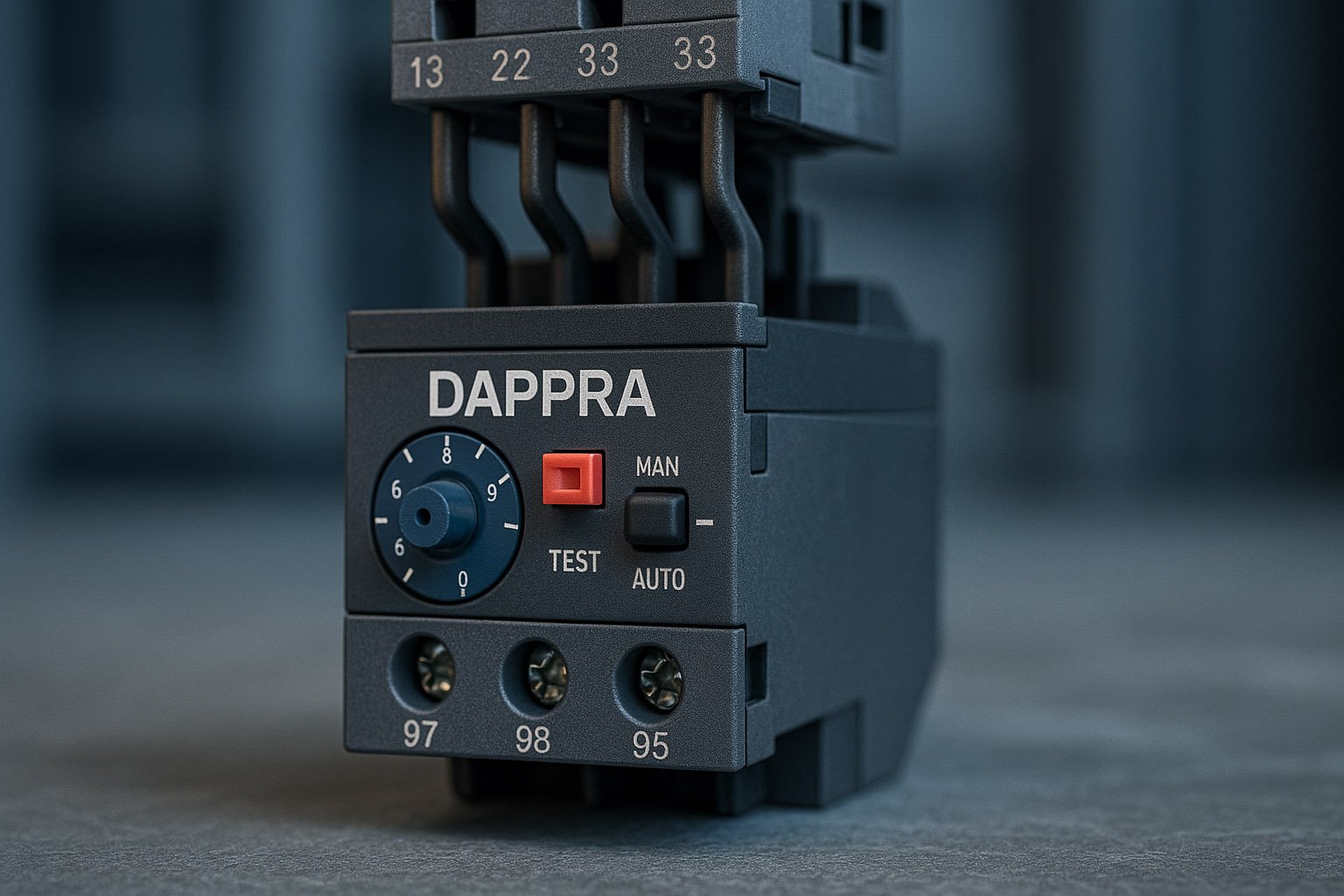 Thermal overload relay mounted under a contactor in an industrial control panel.