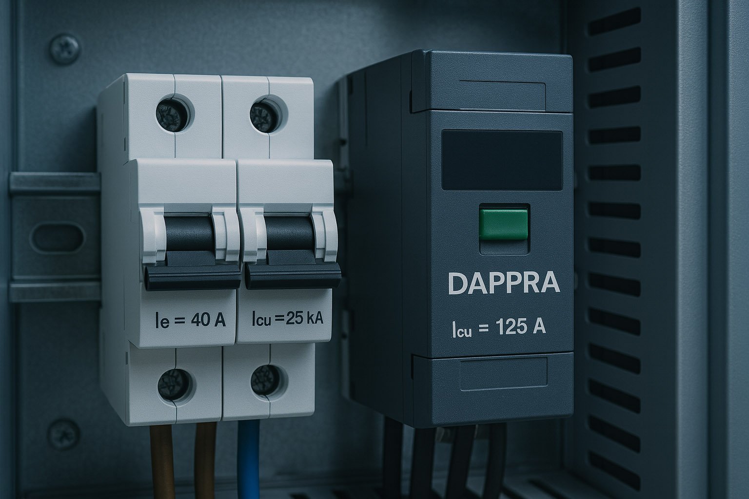 MCB and MCCB circuit breakers mounted inside a distribution panel with a DAPPRA logo printed on the MCCB front housing.