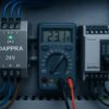 24V DC power supply module showing unstable voltage readings, with DAPPRA logo printed on the module housing.