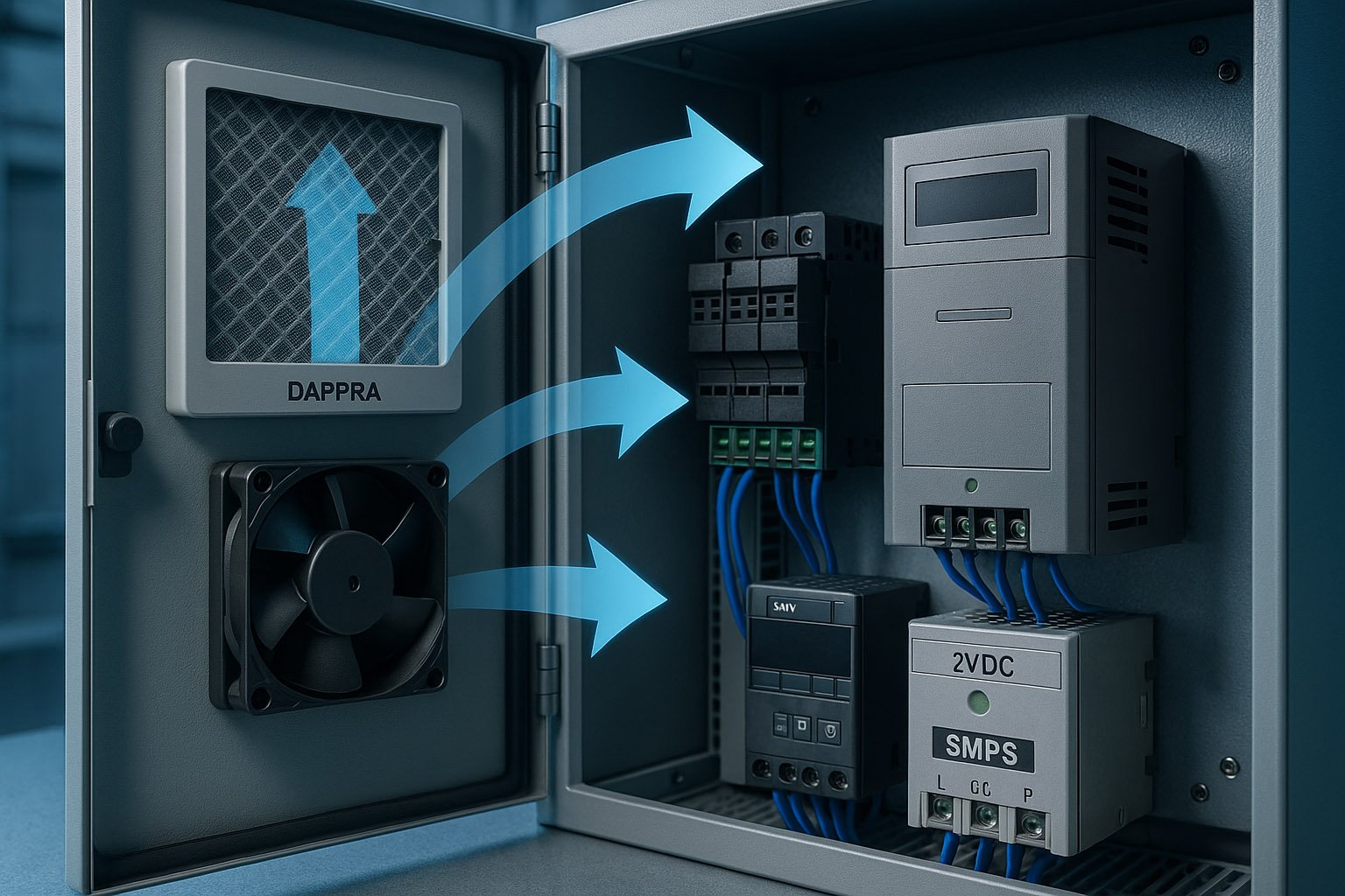 Open control cabinet showing cooling fans and ventilation filters, with a DAPPRA logo printed on the fan filter frame.