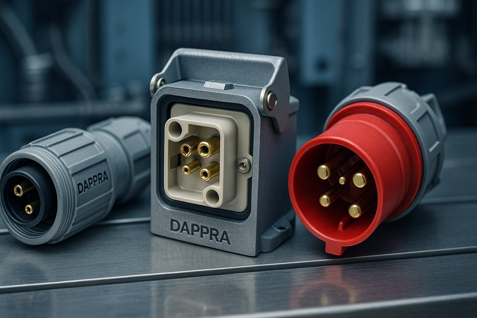 High-current industrial power plugs with metal and plastic housings displayed for comparison.