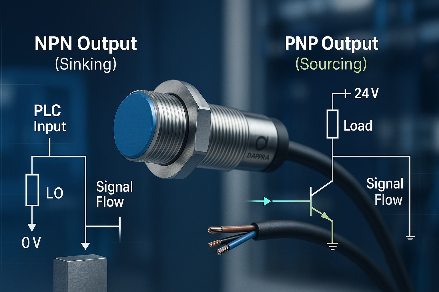 Diagram sensor proximity induktif dengan perbedaan wiring NPN dan PNP pada sistem otomasi industri