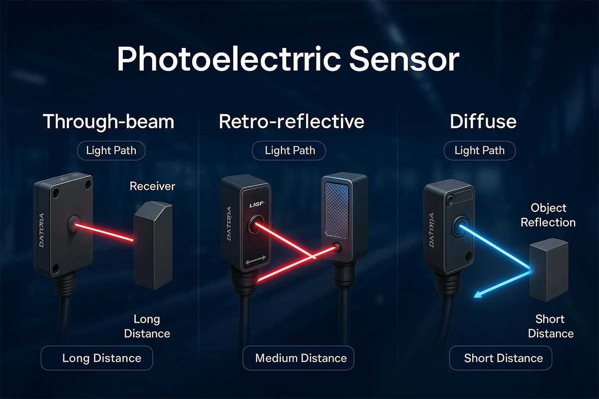 Diagram prinsip kerja sensor fotoelektrik through-beam reflektif dan diffuse pada otomasi industri