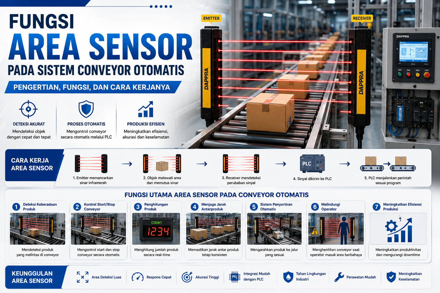 Area Sensor pada sistem conveyor otomatis yang mendeteksi produk menggunakan sinar inframerah untuk meningkatkan efisiensi, akurasi, dan keselamatan dalam otomasi industri.