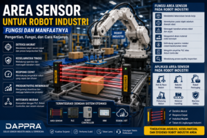 Area Sensor digunakan pada robot industri untuk mendeteksi objek secara presisi, meningkatkan keselamatan operator, dan mengoptimalkan proses otomasi di lini produksi.