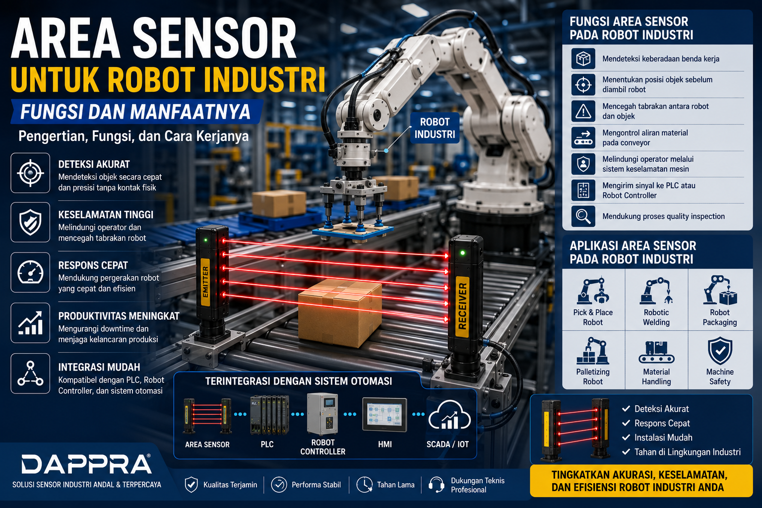 Area Sensor digunakan pada robot industri untuk mendeteksi objek secara presisi, meningkatkan keselamatan operator, dan mengoptimalkan proses otomasi di lini produksi.