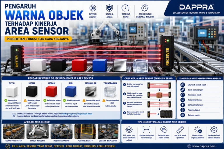Ilustrasi Area Sensor Through Beam yang mendeteksi objek dengan berbagai warna seperti hitam, putih, merah, biru, dan transparan untuk menjelaskan pengaruh warna terhadap kinerja sensor dalam otomasi industri.