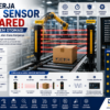 Ilustrasi cara kerja Area Sensor Infrared pada sistem otomasi industri menggunakan emitter dan receiver untuk mendeteksi objek di atas conveyor secara akurat.