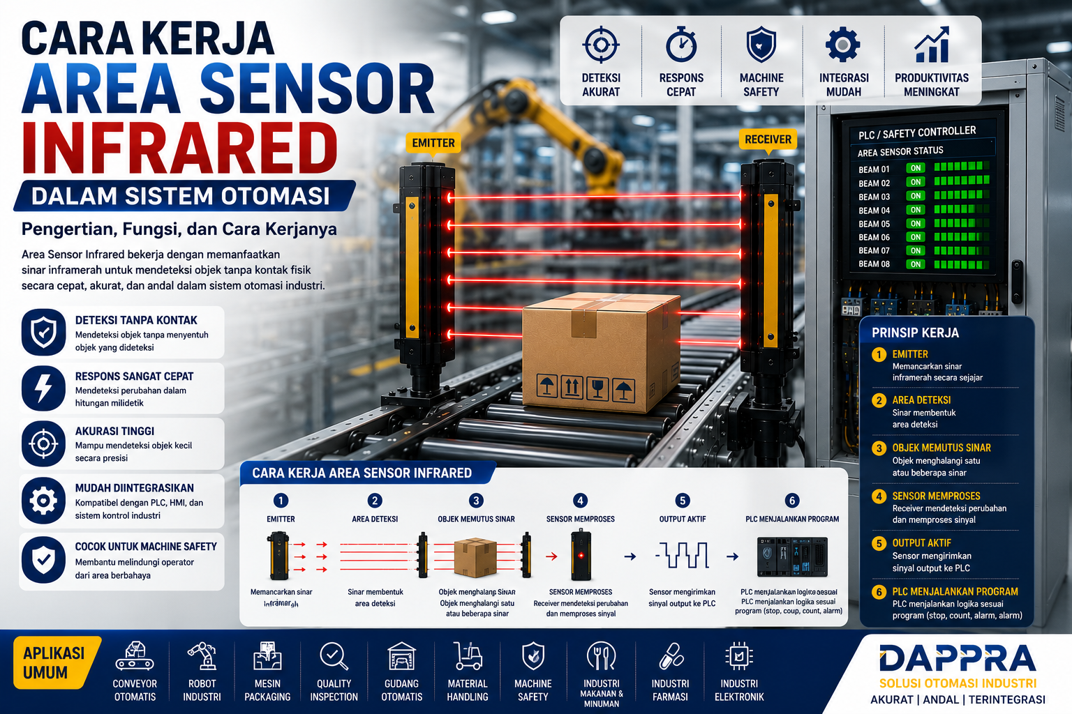 Ilustrasi cara kerja Area Sensor Infrared pada sistem otomasi industri menggunakan emitter dan receiver untuk mendeteksi objek di atas conveyor secara akurat.