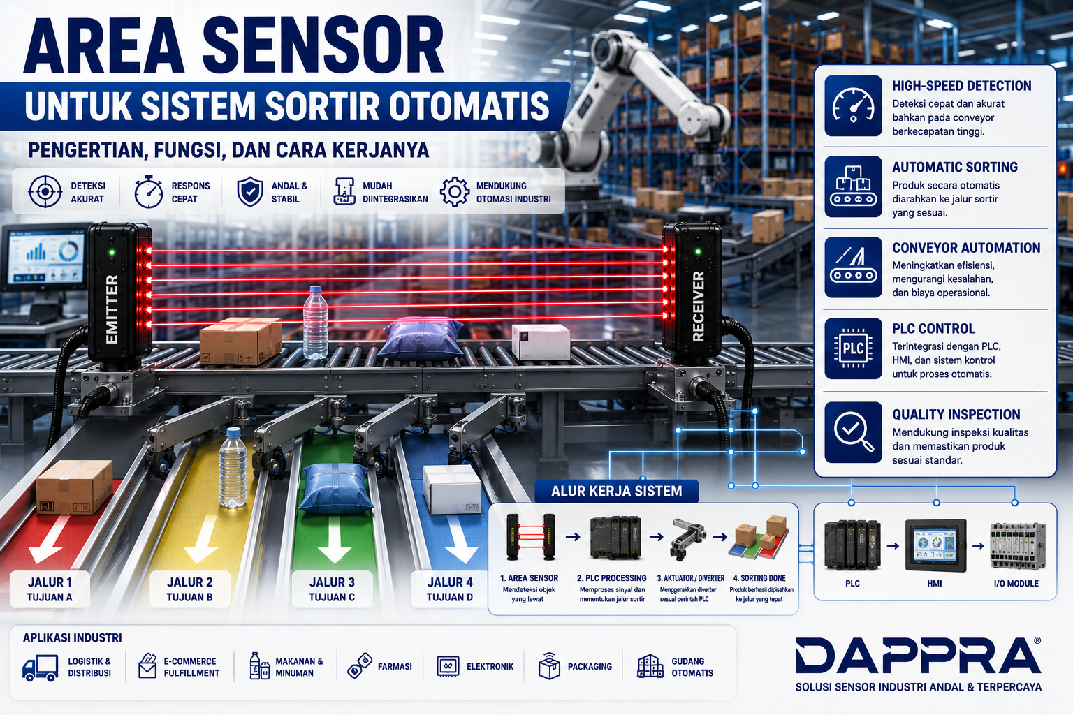 Ilustrasi Area Sensor Through Beam pada sistem sortir otomatis yang mendeteksi produk di conveyor dan mengarahkan barang ke jalur sortir menggunakan PLC dalam sistem otomasi industri.