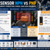 Perbandingan Area Sensor NPN dan PNP pada sistem otomasi industri yang menunjukkan perbedaan output, wiring, kompatibilitas PLC, dan cara kerja untuk membantu memilih sensor yang tepat.