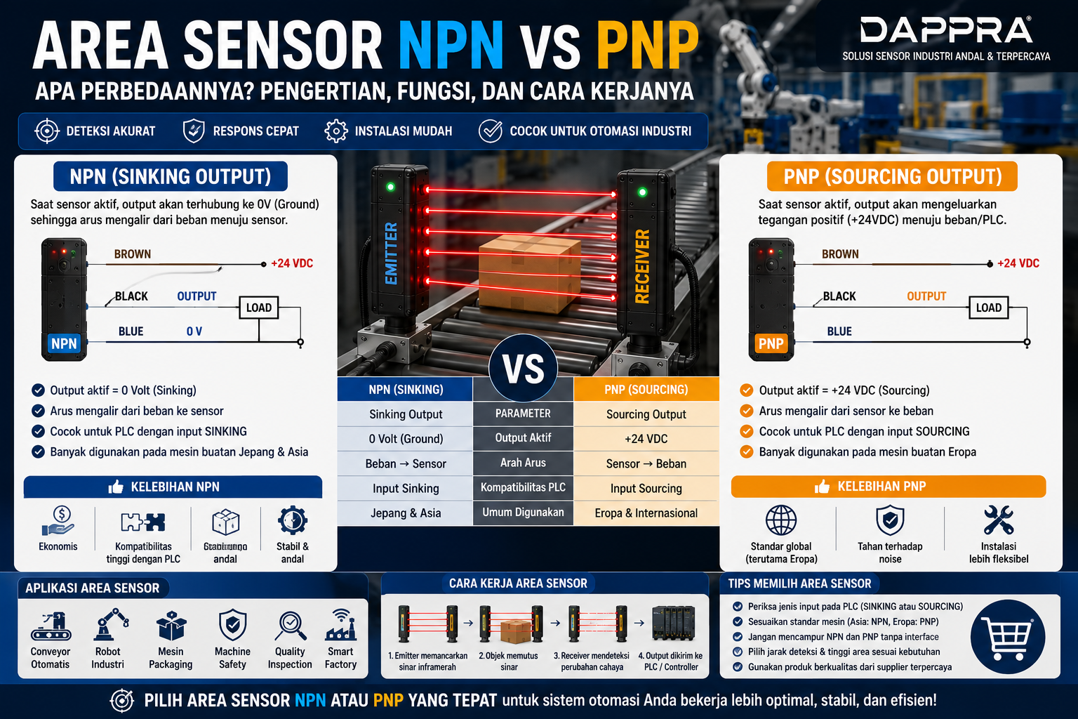 Perbandingan Area Sensor NPN dan PNP pada sistem otomasi industri yang menunjukkan perbedaan output, wiring, kompatibilitas PLC, dan cara kerja untuk membantu memilih sensor yang tepat.