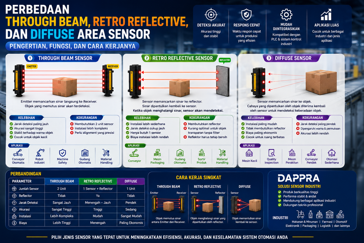 Perbandingan Through Beam, Retro Reflective, dan Diffuse Area Sensor pada sistem otomasi industri untuk mendeteksi objek di conveyor secara akurat.