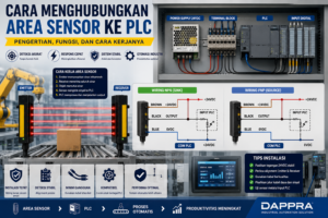 Diagram wiring Area Sensor ke PLC menggunakan output NPN dan PNP pada sistem otomasi industri dengan catu daya 24VDC.