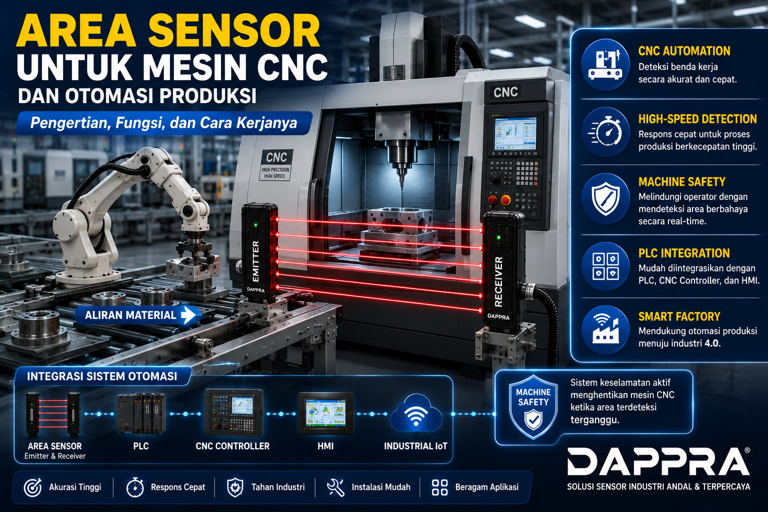 Ilustrasi Area Sensor Through Beam pada mesin CNC dan sistem otomasi produksi untuk mendeteksi benda kerja, meningkatkan keselamatan operator, dan mengontrol proses otomatis menggunakan PLC.