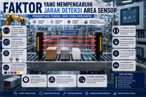 Ilustrasi faktor yang memengaruhi jarak deteksi Area Sensor pada sistem otomasi industri, termasuk ukuran objek, alignment sensor, kondisi lingkungan, dan jenis sensor.