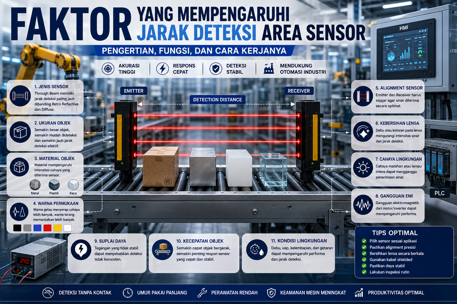 Ilustrasi faktor yang memengaruhi jarak deteksi Area Sensor pada sistem otomasi industri, termasuk ukuran objek, alignment sensor, kondisi lingkungan, dan jenis sensor.