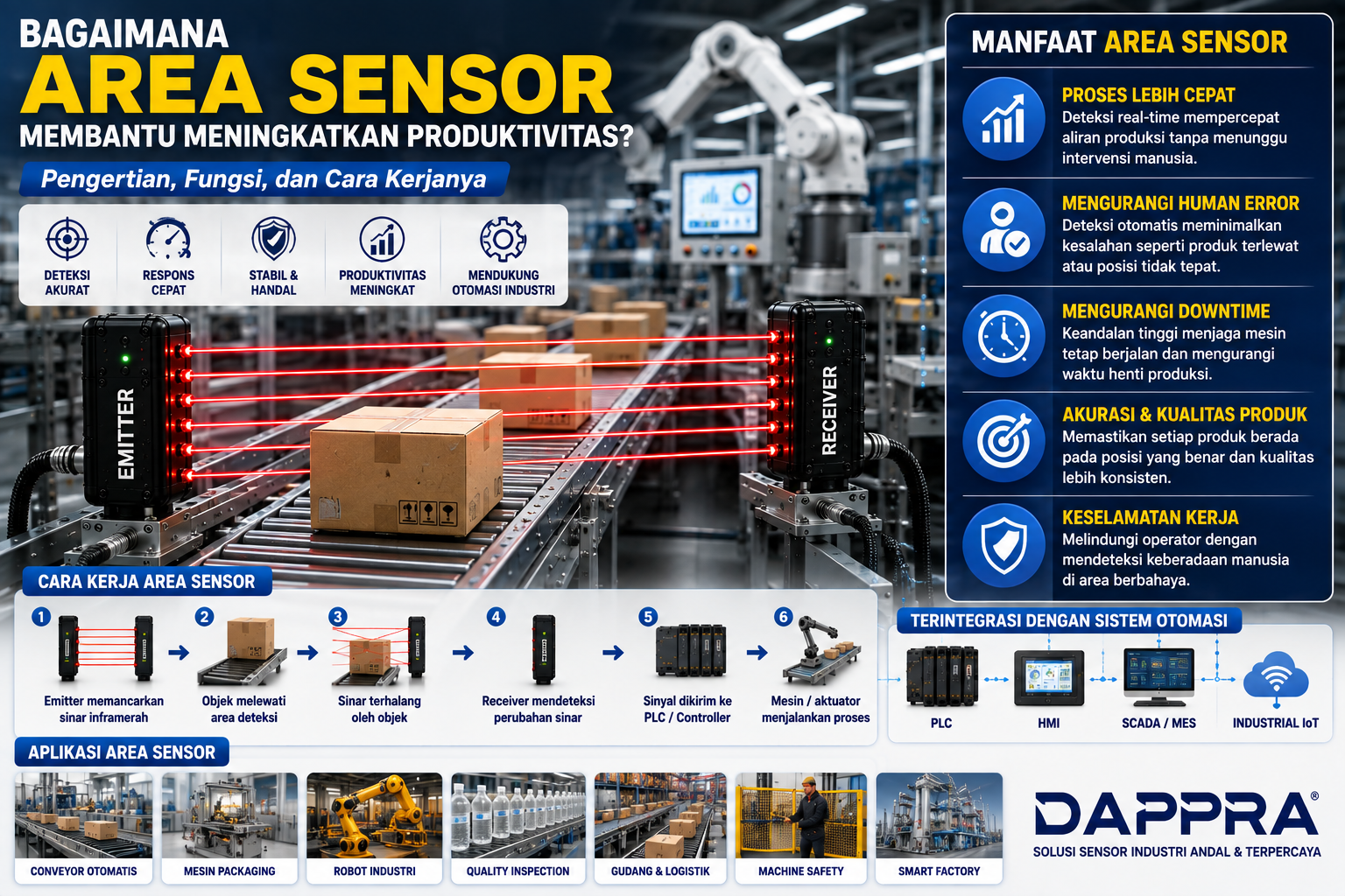 Ilustrasi Area Sensor Through Beam pada conveyor otomatis yang membantu meningkatkan produktivitas melalui deteksi cepat, akurasi tinggi, dan integrasi dengan PLC dalam sistem otomasi industri.