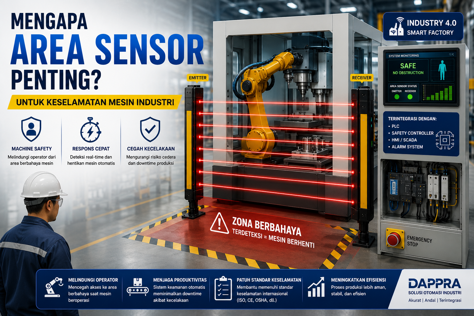 Area Sensor melindungi operator pada mesin industri dengan mendeteksi keberadaan manusia menggunakan sinar inframerah sebagai sistem keselamatan mesin otomatis.