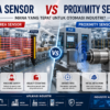 Perbandingan Area Sensor dan Proximity Sensor dalam sistem otomasi industri yang menampilkan perbedaan cara kerja, area deteksi, dan aplikasi pada mesin industri.
