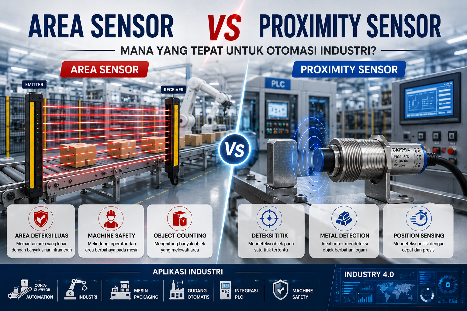 Perbandingan Area Sensor dan Proximity Sensor dalam sistem otomasi industri yang menampilkan perbedaan cara kerja, area deteksi, dan aplikasi pada mesin industri.