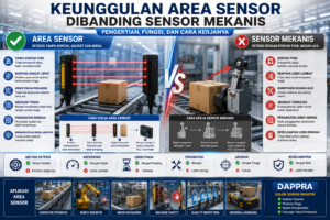 Perbandingan Area Sensor dan sensor mekanis pada sistem otomasi industri yang menunjukkan keunggulan deteksi tanpa kontak, akurasi tinggi, dan umur pakai lebih panjang.