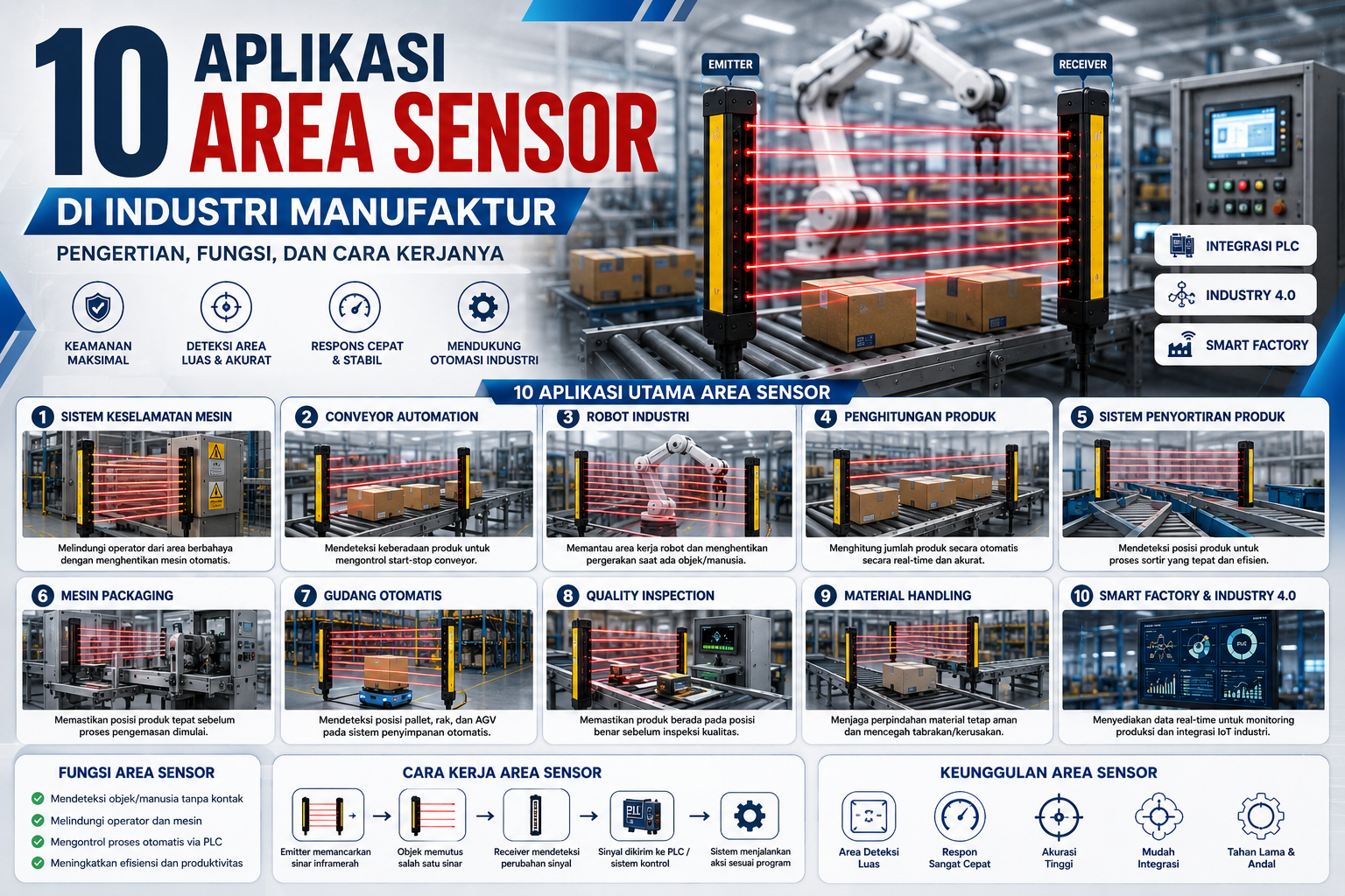 Ilustrasi 10 aplikasi Area Sensor di industri manufaktur yang menampilkan conveyor otomatis, robot industri, machine safety, quality inspection, dan smart factory.