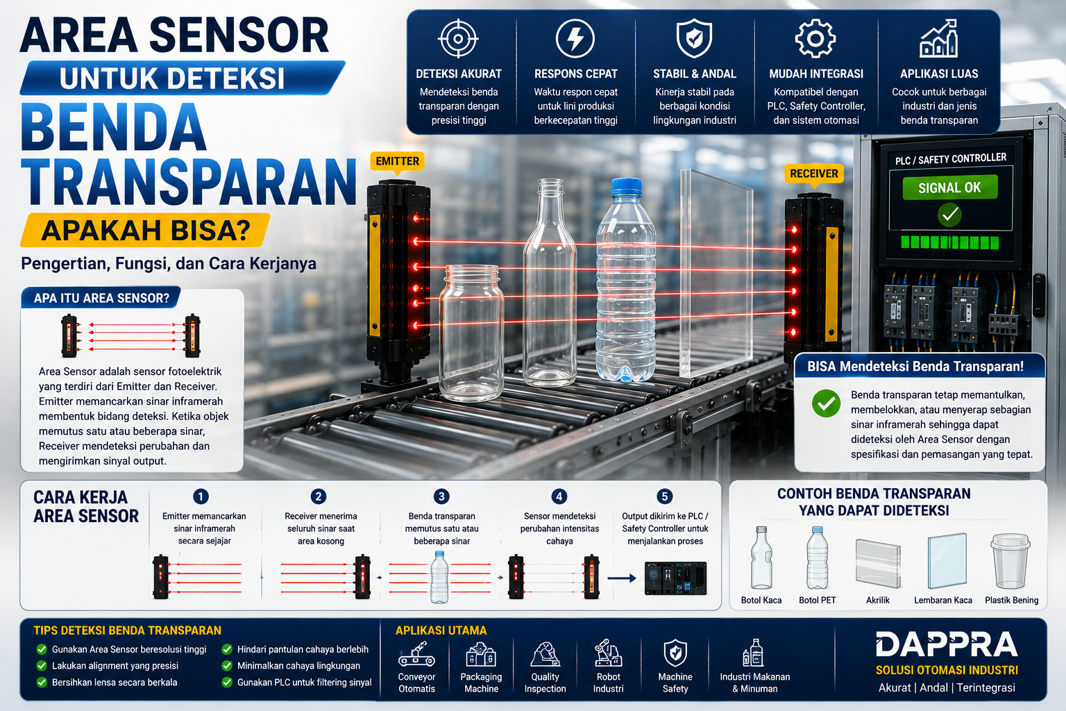 Area Sensor mendeteksi benda transparan seperti botol kaca, botol PET, akrilik, dan plastik bening pada sistem conveyor otomatis menggunakan sinar inframerah.