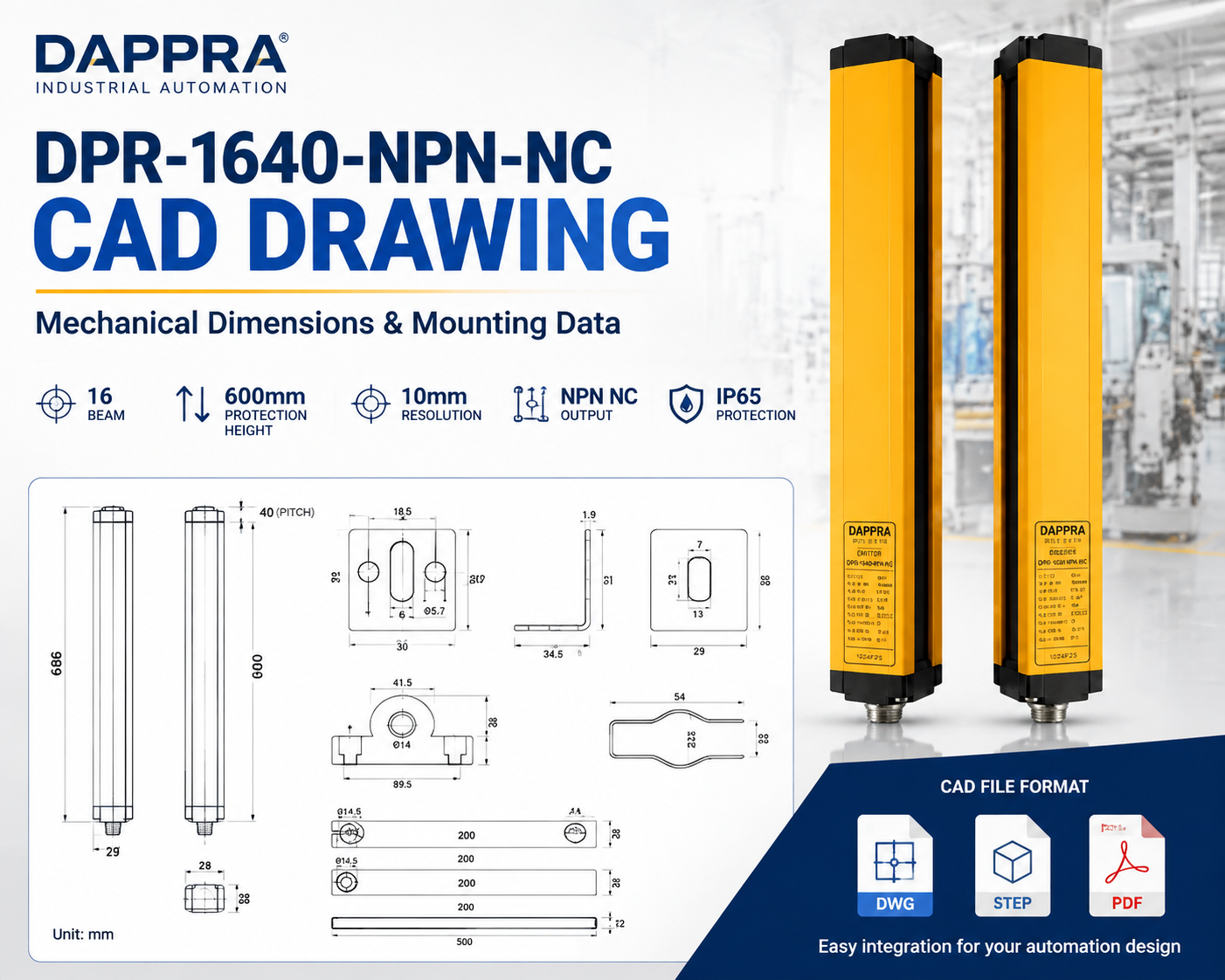 DAPPRA DPR-1640-NPN-NC CAD drawing showing industrial area sensor mechanical dimensions, protection height and mounting dimensions