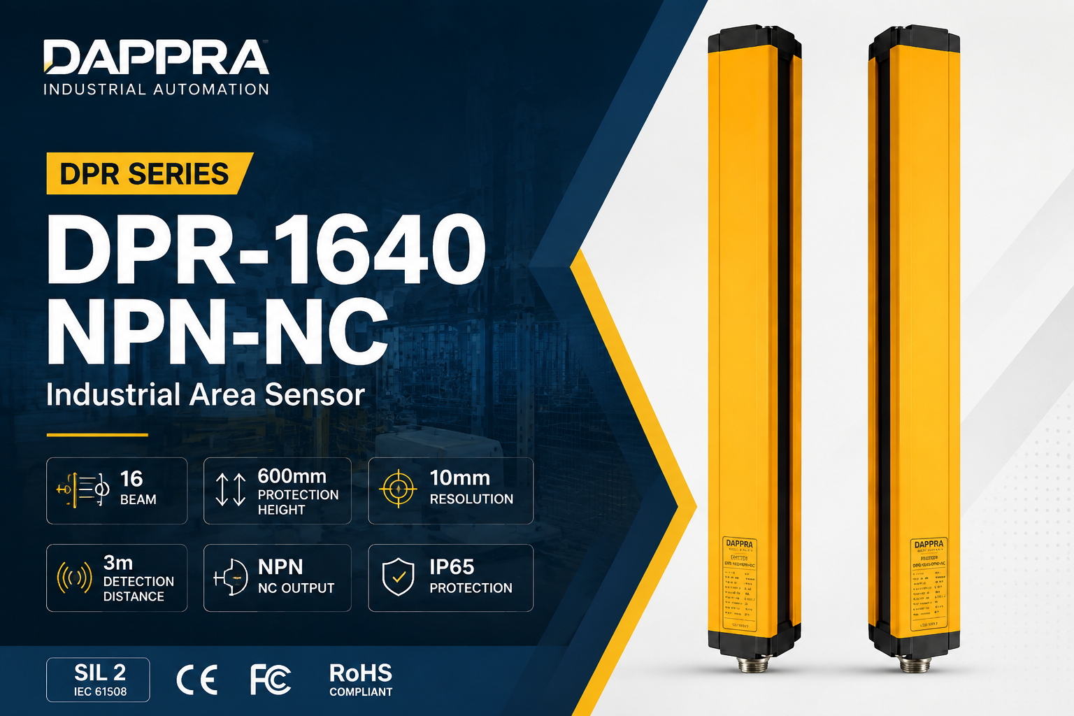 DAPPRA DPR-1640-NPN-NC datasheet cover featuring DPR Series industrial area sensor with 16 beam through beam detection, 40mm pitch and NPN NC output