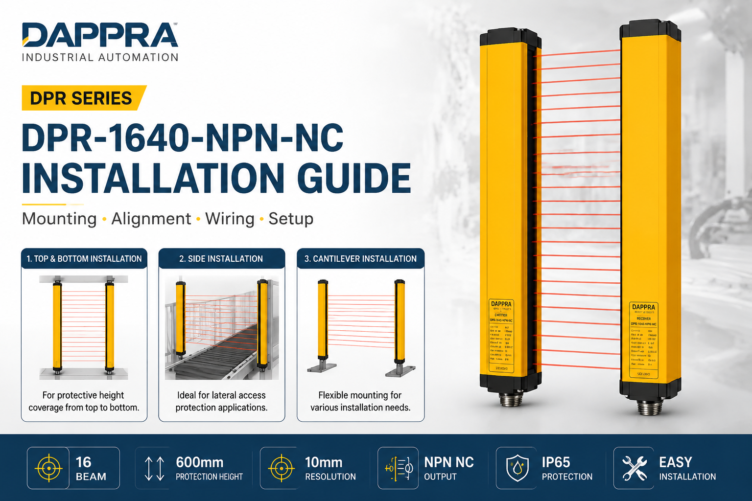 DAPPRA DPR-1640-NPN-NC installation guide showing industrial area sensor mounting methods, emitter receiver alignment and wiring setup