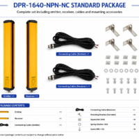 DAPPRA DPR-1640-NPN-NC product package including emitter receiver M12 cables and mounting accessories