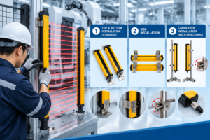 DAPPRA DPR-2440-NPN-NC Industrial Area Sensor installation methods including top bottom mounting side mounting and adjustable bracket installation