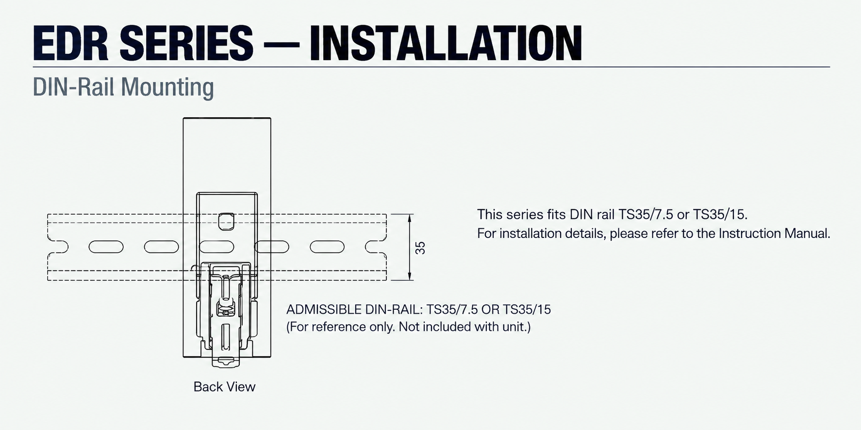 EDR-75-24 DIN Rail Installation — Vertical Orientation with Ventilation Clearance and TS35 Rail Mounting