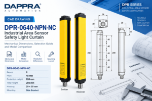 DAPPRA DPR-0640-NPN-NC Industrial Area Sensor Safety Light Curtain CAD Drawing with 200 mm Protection Height and 40 mm Optical Axis Pitch
