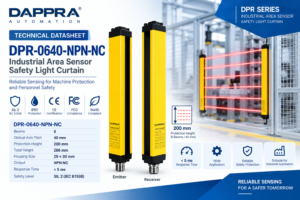 DAPPRA DPR-0640-NPN-NC Industrial Area Sensor Safety Light Curtain Technical Datasheet with 6 Beams and 200 mm Protection Height