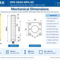 DAPPRA DPR-0640-NPN-NC mechanical dimensions showing 200 mm protection height 286 mm total height and 29 x 30 mm housing