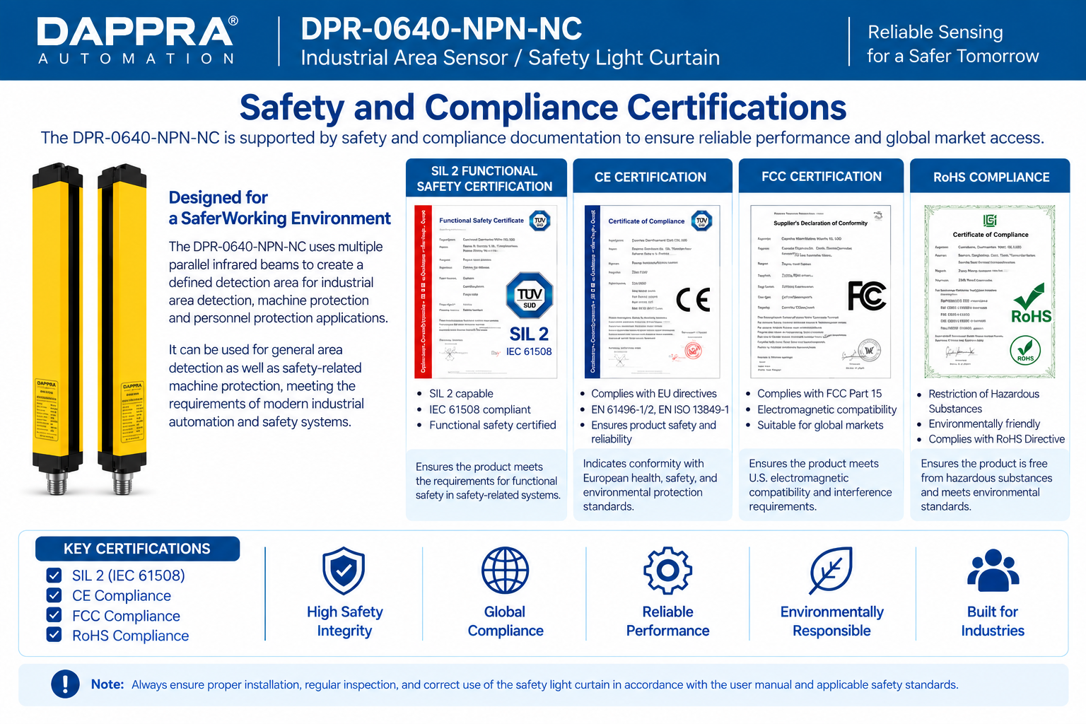 Safety and compliance certifications for the DAPPRA DPR-0640-NPN-NC
