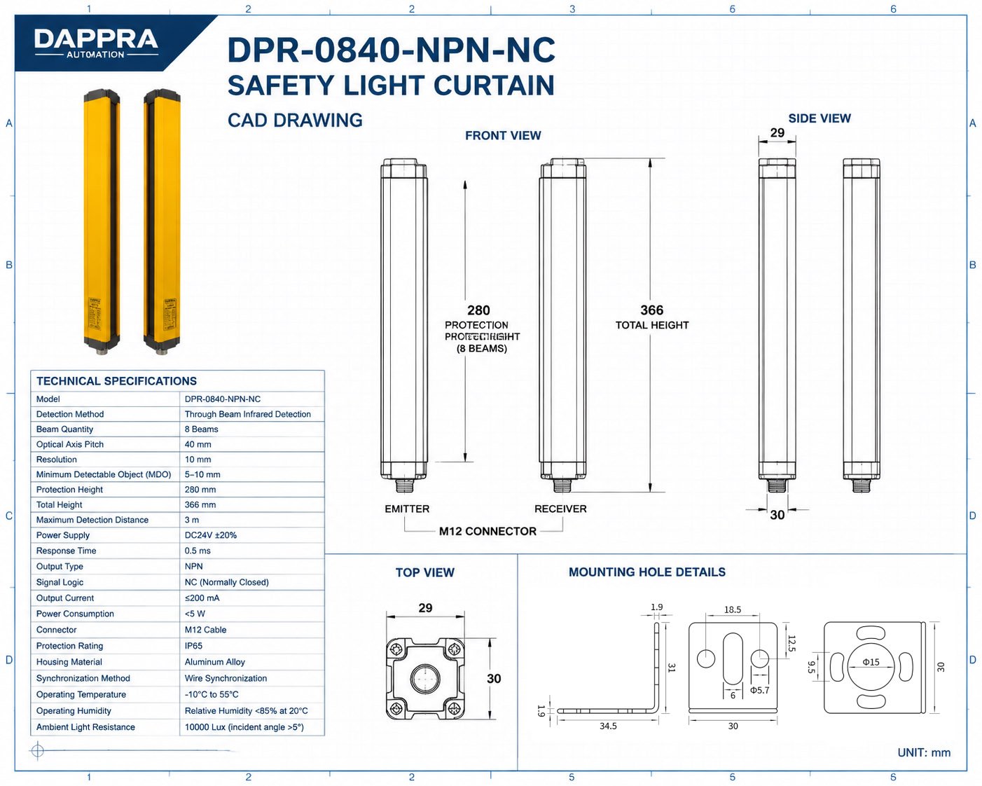 DAPPRA DPR-0840-NPN-NC safety light curtain CAD drawing showing dimensions, front view, side view and mounting details