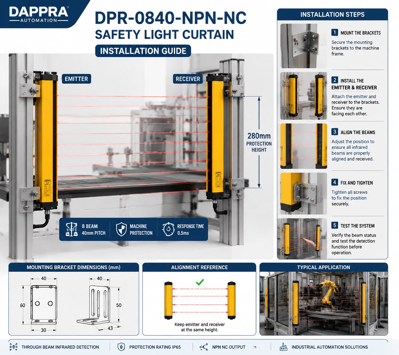 DAPPRA DPR-0840-NPN-NC safety light curtain installation guide showing emitter receiver alignment and mounting methods