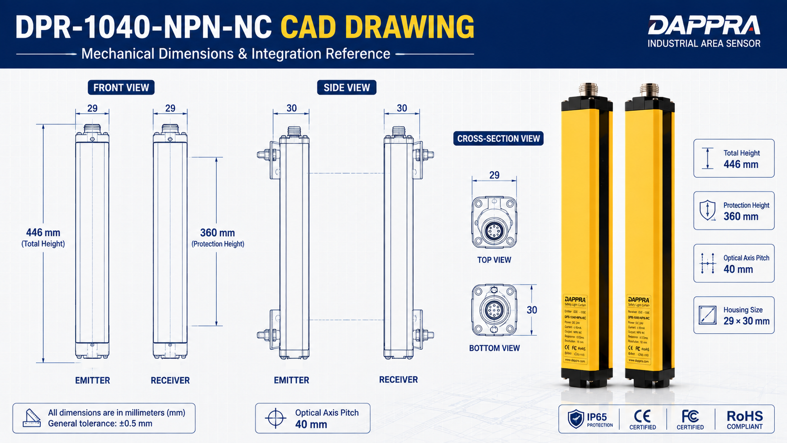 DPR-1040-NPN-NC CAD Drawing showing front, side and cross-section views with mechanical dimensions